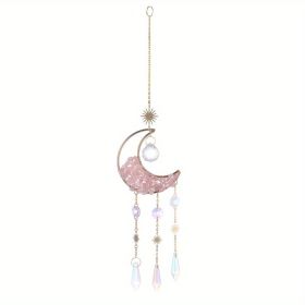 1pc Rainbow Maker Sun Catcher - Indoor/Outdoor Window Prism Moon Mini Dream Catcher with Crystals and Healing Stones - Garden Tree Decorations (Color: Pink)