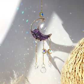 1pc Rainbow Maker Sun Catcher - Indoor/Outdoor Window Prism Moon Mini Dream Catcher with Crystals and Healing Stones - Garden Tree Decorations (Color: Purple)