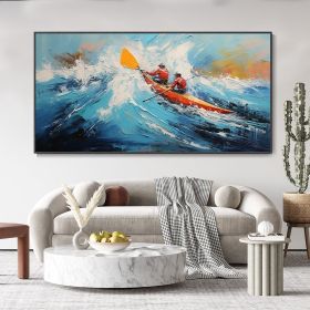 Hand Painted Oil Painting Custom Kayaking Sports Wall Art Original Water Surfing Sports Abstract Blue Ocean Canvas Oil Painting Minimalist Wall Decor (style: 01, size: 75x150cm)