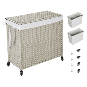Laundry Hamper With Lid PE Rattan Powder Coating Frame Clothes Hampers with 02 Removable Bags, Wheels, 160L, Grey Color (Color: Light Grey)