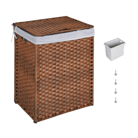 Laundry Hamper With Lid PE Rattan Powder Coating Frame Clothes Hampers with 01 Removable Bags, 100L (Color: Brown)