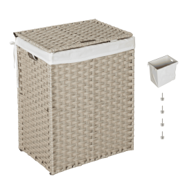 Laundry Hamper With Lid PE Rattan Powder Coating Frame Clothes Hampers with 01 Removable Bags, 100L (Color: Light Grey)