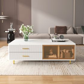 Modern Coffee Table with 2 Glass Door Storage, 4 Drawers, Gold Metal Legs, and Multi-Color Lighting in 47.2'' (Color: White)