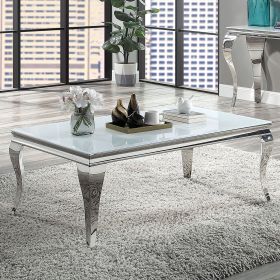 Glam Contemporary 1pc Coffee Table Glass Top Silver Color Table Living Room Stainless Steel Cabriole-Style Legs (Color: White)