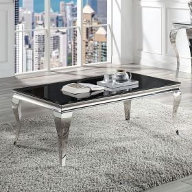 Glam Contemporary 1pc Coffee Table Glass Top Silver Color Table Living Room Stainless Steel Cabriole-Style Legs (Color: Black)