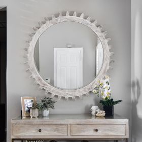 Vintage Wood Round Hanging Gear Shape Heavy Decorative Mirror For Bathroom Living Room Entryway (Color: White, size: 34"D)