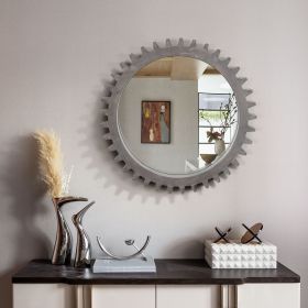 Vintage Wood Round Hanging Gear Shape Heavy Decorative Mirror For Bathroom Living Room Entryway (Color: Grey, size: 34"D)