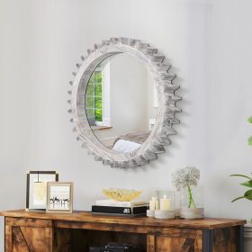 Vintage Wood Round Hanging Gear Shape Heavy Decorative Mirror For Bathroom Living Room Entryway (Color: White, size: 17"D)