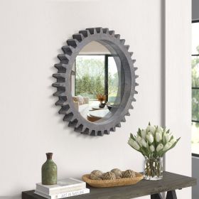 Vintage Wood Round Hanging Gear Shape Heavy Decorative Mirror For Bathroom Living Room Entryway (Color: Grey, size: 17"D)