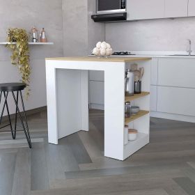Kitchen Island Doyle, Kitchen Bar Table, Counter Height, 3 Side Shelves (Color: White/Light Oak)