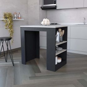 Kitchen Island Doyle, Kitchen Bar Table, Counter Height, 3 Side Shelves (Color: Black/Ibiza Marble)