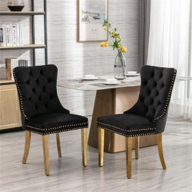 Collection Modern, High-end Tufted Solid Wood Contemporary Velvet Upholstered Dining Chair Nailhead Trim 2-Pcs Set (Color: Black/Gold Legs)