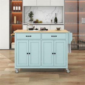 Kitchen Island Cart with 4 Door Cabinet and Two Drawers and 2 Locking Wheels - Solid Wood Top, Adjustable Shelves, Spice & Towel Rack (Color: Mint Green)