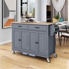 Kitchen Island Cart with 4 Door Cabinet and Two Drawers and 2 Locking Wheels - Solid Wood Top, Adjustable Shelves, Spice & Towel Rack (Color: Grey Blue)