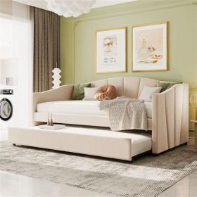 Elegant Curved Twin Velvet Upholstered Daybed with Trundle (Color: Beige)