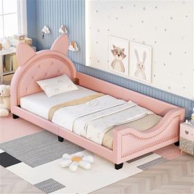 Kawaii Twin Size Upholstered Daybed with Cartoon Animal Ears (Color: Pink)