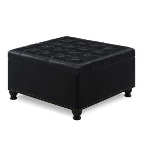 Large square storage ottoman with wooden legs, Upholstered button tufted coffee table with nail trims for Living Space (Color: Black Faux Leather)