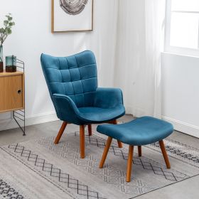 Leiria Contemporary Silky Velvet Tufted Accent Chair with Ottoman (Color: Blue)