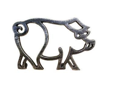 Cast Iron Pig Shaped Trivet 8" (Finish: Rustic Silver)
