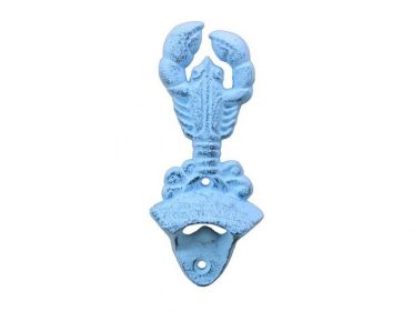 Cast Iron Wall Mounted Lobster Bottle Opener 6" (Finish: Dark Blue Whitewashed)