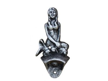 Cast Iron Wall Mounted Mermaid Bottle Opener 6" (Finish: Antique Silver)
