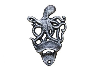 Cast Iron Wall Mounted Octopus Bottle Opener 6" (Finish: Antique Silver)