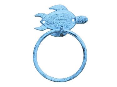Cast Iron Sea Turtle Towel Holder 7" (Finish: Dark Blue Whitewashed)
