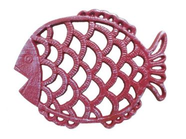 Cast Iron Big Fish Trivet 8" (Finish: Rustic Red Whitewashed)