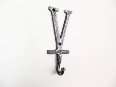 Cast Iron Letter V Alphabet Wall Hook 6" (Finish: Rustic Silver)