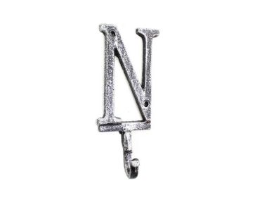 Cast Iron Letter N Alphabet Wall Hook 6" (Finish: Rustic Silver)