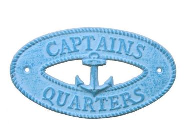 Oval Cast Iron Captains Quarters with Anchor Sign 8" (Finish: Light Blue Whitewashed)