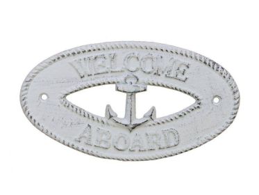 Cast Iron Welcome Aboard with Anchor Sign 8" (Finish: Whitewashed)