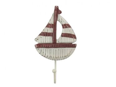 Wooden Rustic Decorative Sailboat with Hook 7" (Color: Red)