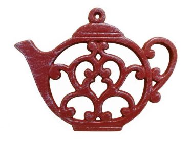 Cast Iron Round Teapot Trivet 8" (Finish: Red Whitewashed)