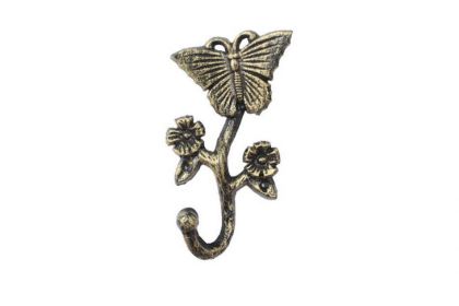 Cast Iron Butterfly With Flowers Hook 5" (Finish: Rustic Gold)