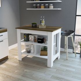 Cala Kitchen Island, Four Legs, Three Shelves (Color: White/Walnut)