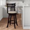 30" Bar Height Slat Back Swivel Stool, Espresso Finish, Fabric Seat