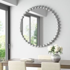 Beaded Round Wall Mirror (Color: Silver, size: 36")