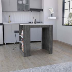 Kitchen Island Doyle, Kitchen Bar Table, Counter Height, 3 Side Shelves (Color: Smokey Oak/Ibiza Marble)