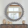 Vintage Wood Round Hanging Gear Shape Heavy Decorative Mirror For Bathroom Living Room Entryway