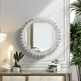 Vintage Wood Round Hanging Gear Shape Heavy Decorative Mirror For Bathroom Living Room Entryway (Color: White, size: 26"D)