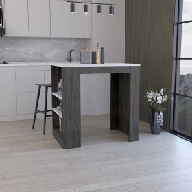 Kitchen Island Doyle, Kitchen Bar Table, Counter Height, 3 Side Shelves (Color: Grey Oak/Marble)