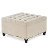Large square storage ottoman with wooden legs, Upholstered button tufted coffee table with nail trims for Living Space