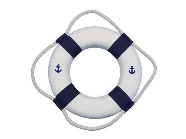 Classic White Decorative Anchor Lifering With Blue Bands (size: 10")