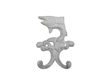 Cast Iron Flying Fish Decorative Metal Double Wall Hooks 5" (Finish: Whitewashed)
