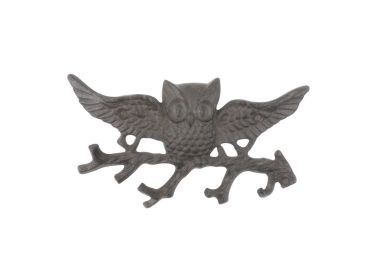 Cast Iron Flying Owl Landing on a Tree Branch Decorative Metal Wall Hooks 7.5" (Finish: Cast Iron)