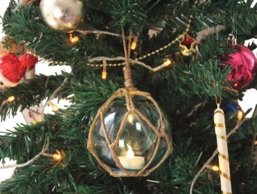 LED Lighted Japanese Glass Ball Fishing Float with Netting Christmas Tree Ornament 3" (Color: Clear / Brown Net)