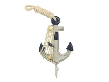 Wooden Rustic Decorative Anchor with Hook 7" (Color: Blue & White)