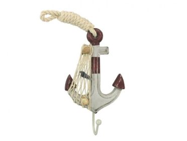 Wooden Rustic Decorative Anchor with Hook 7" (Color: Red & White)