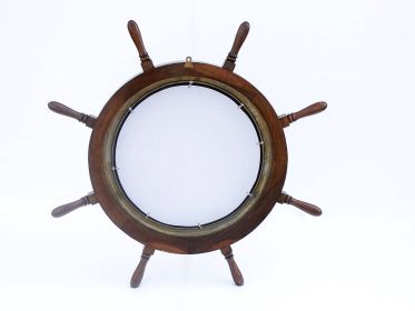 Deluxe Class Wood Ship Wheel Porthole Mirror 36" (Trim: Antique Brass)